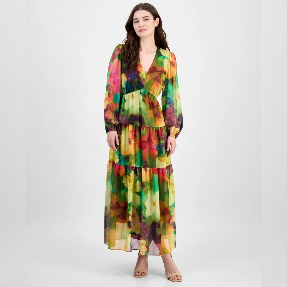 NWT Robbie Bee Abstract Floral Tiered Chiffon Maxi Dress